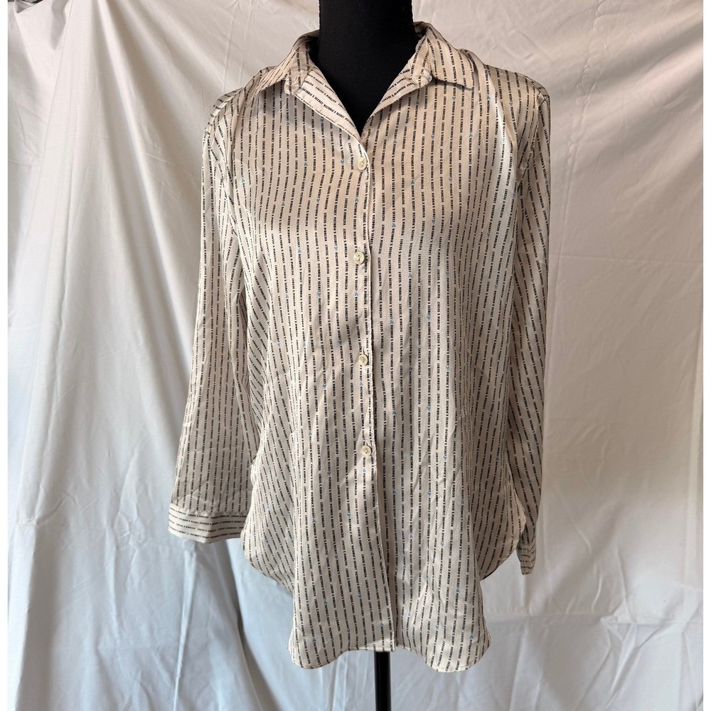 Victorias Secret Satin Logo Stripe Sleep Shirt Ivory Black Blue Heart Small
